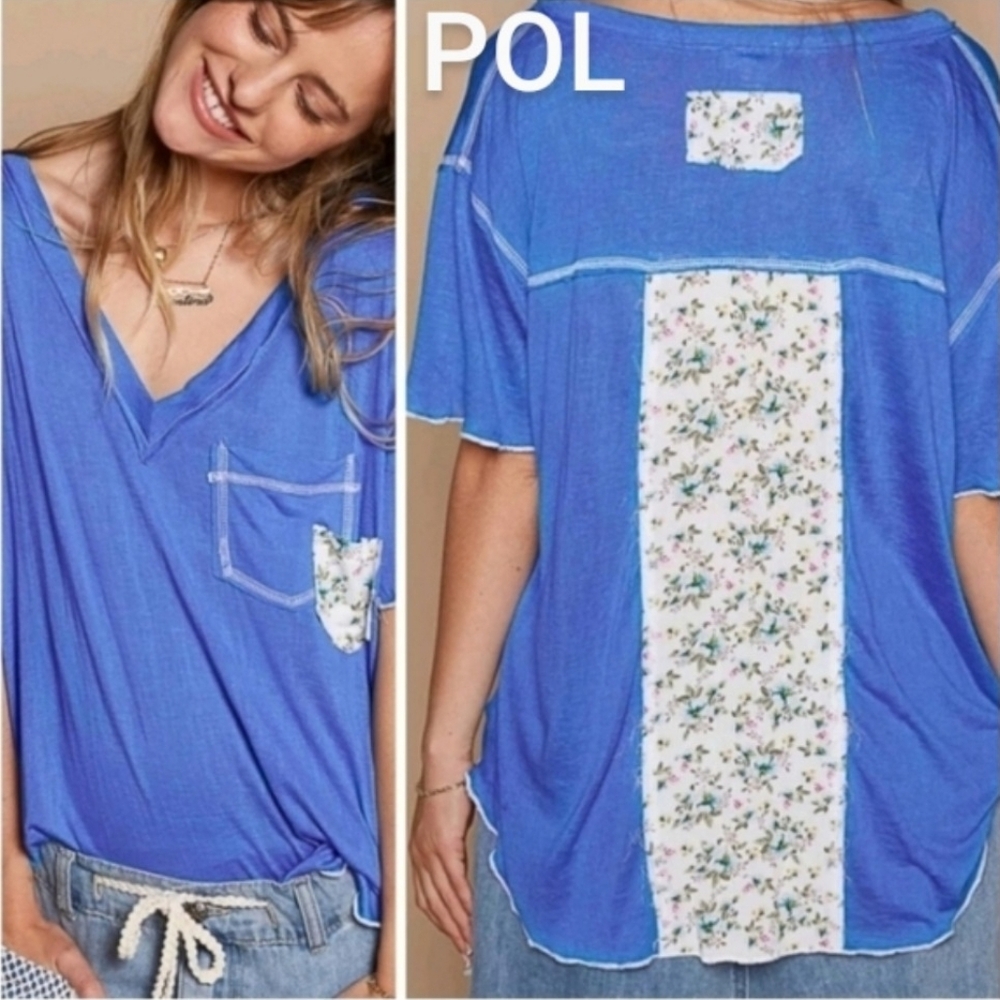POL Double Patchwork Pocket T-shirt| Ultramarine|V-neck Small, Med, Large NWT$68